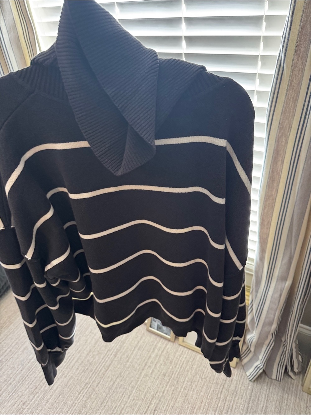 Free People Black Sweater with White Horizontal Stripes and Cowl Neck